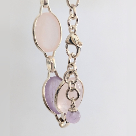 Vintage '90s Amethyst & Rose Quartz Cabochon Linked Sterling Silver Bracelet - Picture 2 of 15